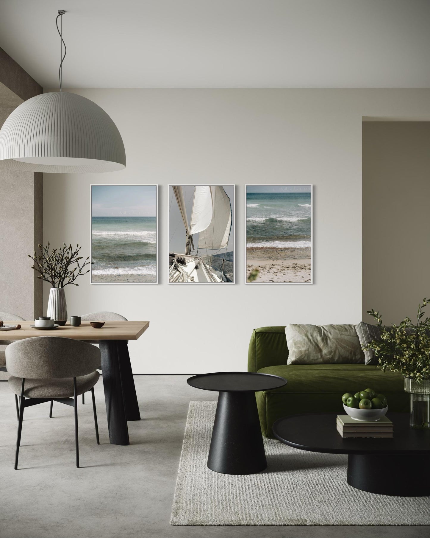 Fine Art Print - Coastal triptych wall art, set of 3 ocean waves and sailboat, for serene neutral decor, calm beach photo for coastal decor