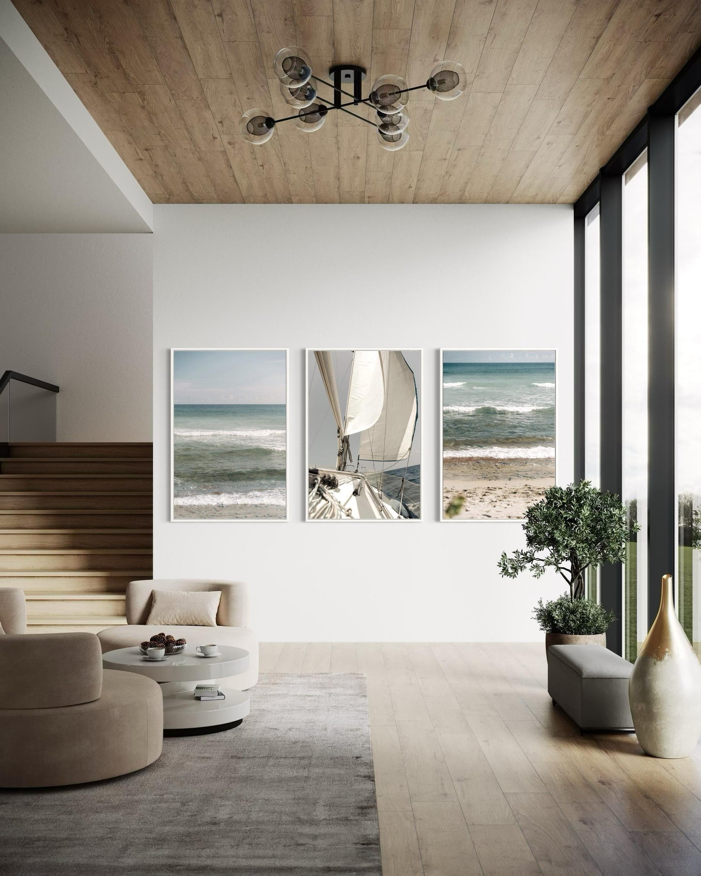 Fine Art Print - Coastal triptych wall art, set of 3 ocean waves and sailboat, for serene neutral decor, calm beach photo for coastal decor