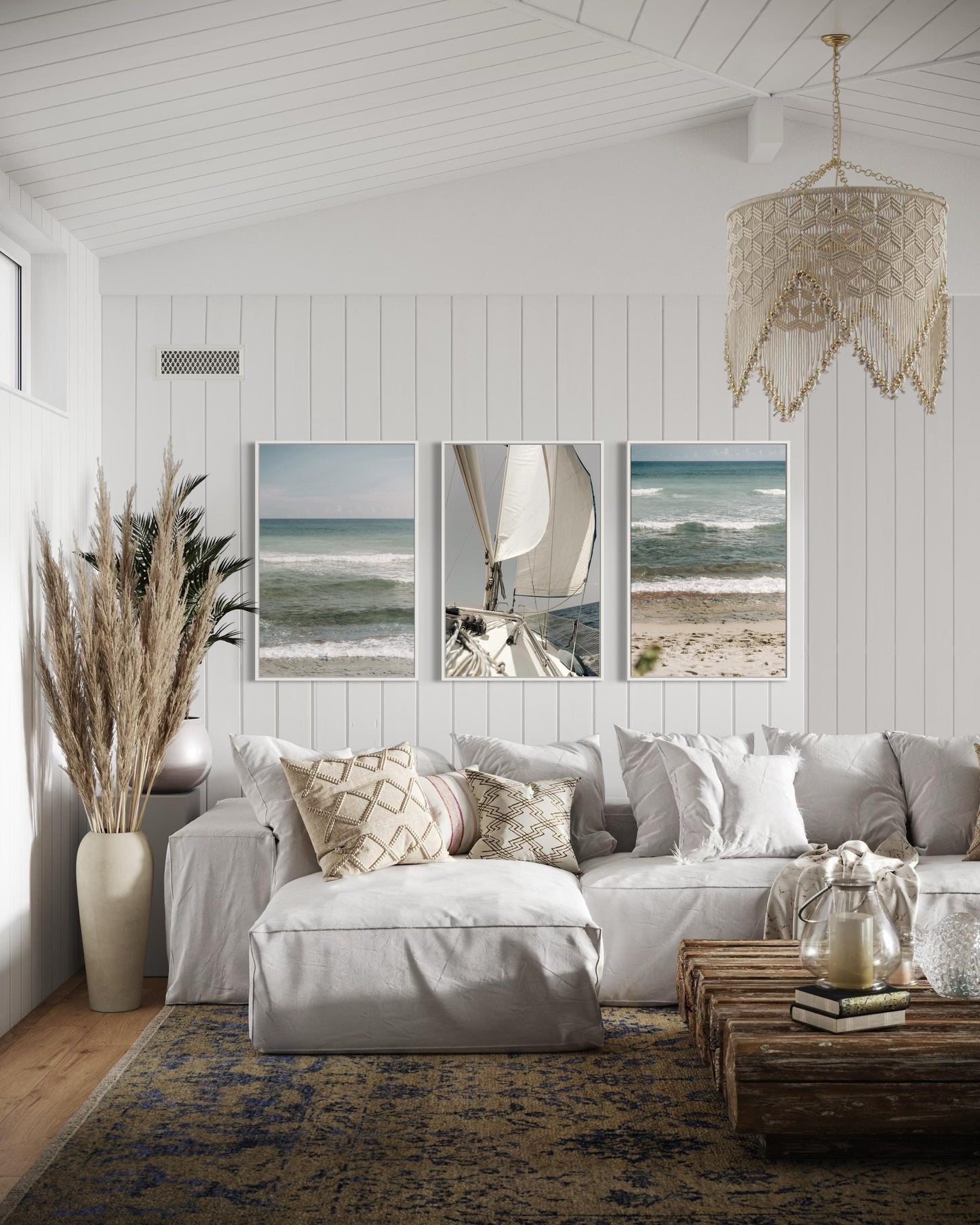 Fine Art Print - Coastal triptych wall art, set of 3 ocean waves and sailboat, for serene neutral decor, calm beach photo for coastal decor