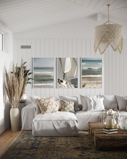 Fine Art Print - Coastal triptych wall art, set of 3 ocean waves and sailboat, for serene neutral decor, calm beach photo for coastal decor