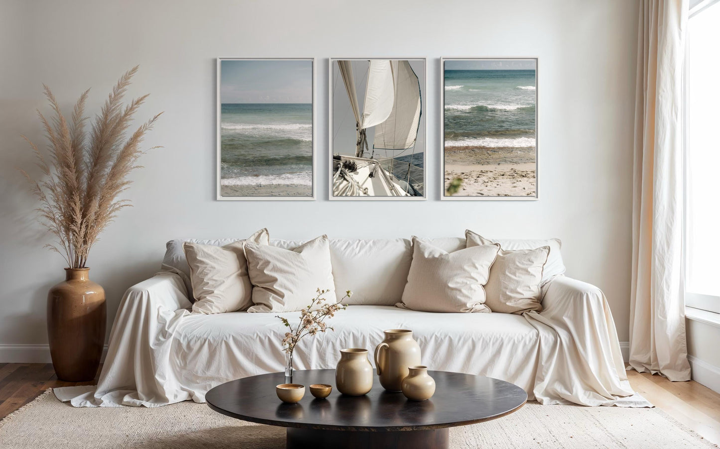 Fine Art Print - Coastal triptych wall art, set of 3 ocean waves and sailboat, for serene neutral decor, calm beach photo for coastal decor