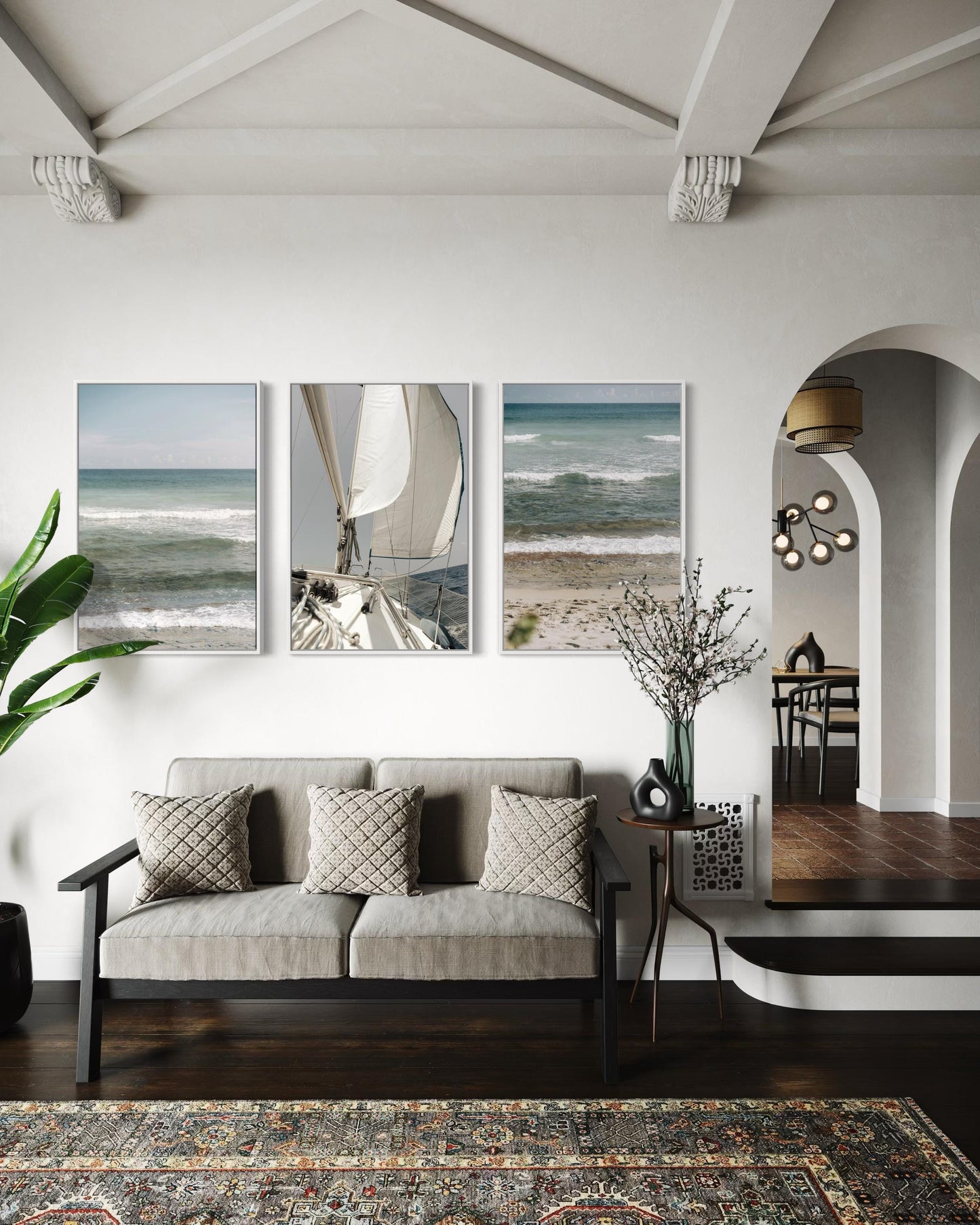 Fine Art Print - Coastal triptych wall art, set of 3 ocean waves and sailboat, for serene neutral decor, calm beach photo for coastal decor