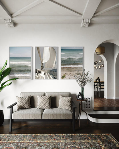 Fine Art Print - Coastal triptych wall art, set of 3 ocean waves and sailboat, for serene neutral decor, calm beach photo for coastal decor