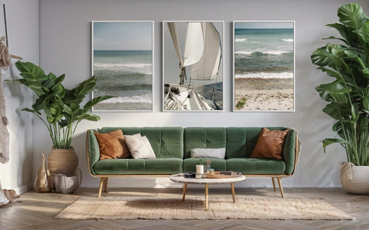 Fine Art Print - Coastal triptych wall art, set of 3 ocean waves and sailboat, for serene neutral decor, calm beach photo for coastal decor