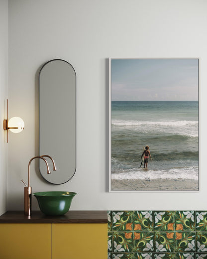 Fine Art Print - Coastal surfer photo, serene ocean waves wall art for beach house decor, minimalist seaside photography, calm surf vibes