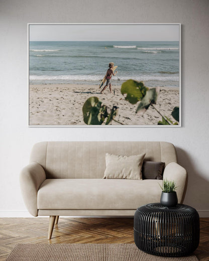 Fine Art Print - Coastal surfer wall art photo, sunlit beach with ocean waves, neutral minimalist seaside decor, beach house, gift, airbnb