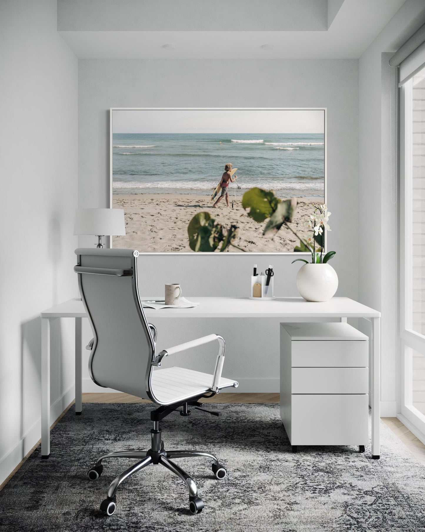 Fine Art Print - Coastal surfer wall art photo, sunlit beach with ocean waves, neutral minimalist seaside decor, beach house, gift, airbnb