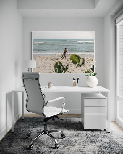 Fine Art Print - Coastal surfer wall art photo, sunlit beach with ocean waves, neutral minimalist seaside decor, beach house, gift, airbnb