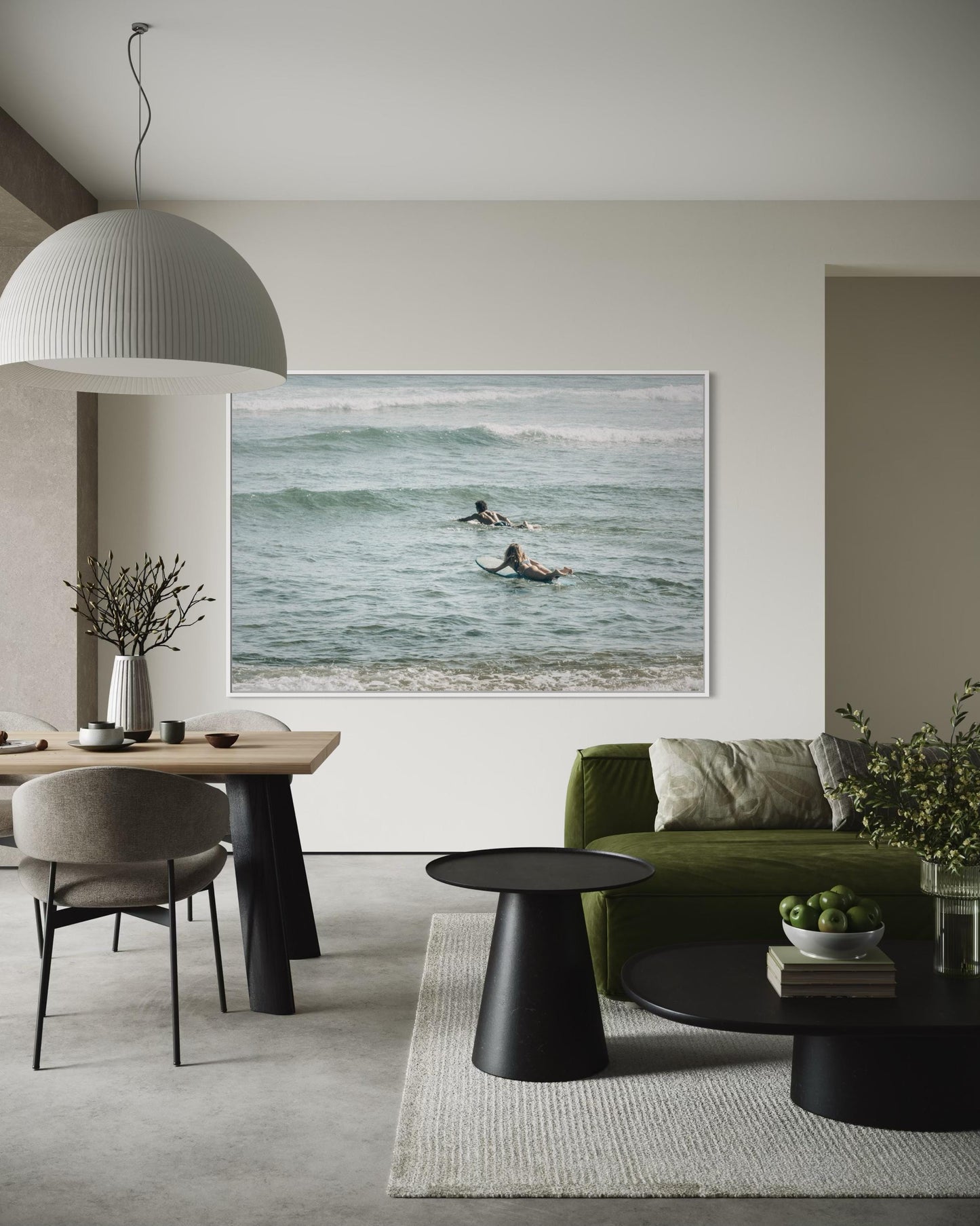 Fine Art Print - Neutral coastal surfers photo, minimalist ocean waves wall art for beach house decor, sea photography for modern homes