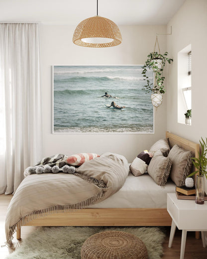 Fine Art Print - Neutral coastal surfers photo, minimalist ocean waves wall art for beach house decor, sea photography for modern homes