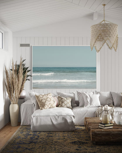 Fine Art Print - Neutral coastal ocean horizon photo, minimalist seafoam ocean waves wall art for serene home decor, calming beach decor