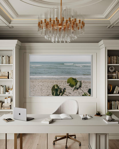 Fine Art Print - Neutral coastal ocean waves wall art, sandy shoreline with soft bokeh leaves, serene beach for minimalist calm decor, Surf