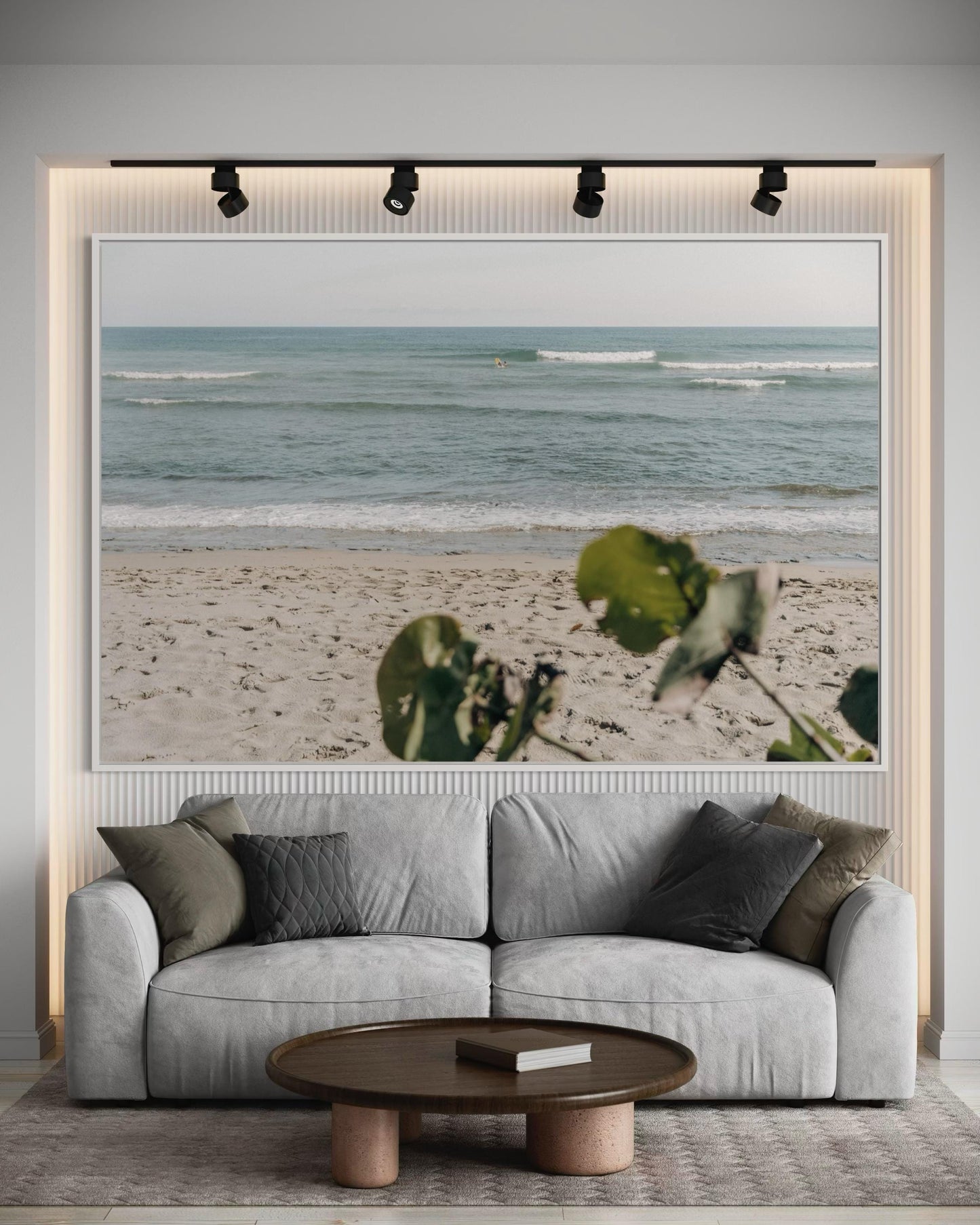 Fine Art Print - Neutral coastal ocean waves wall art, sandy shoreline with soft bokeh leaves, serene beach for minimalist calm decor, Surf