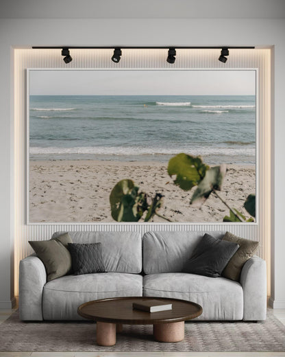 Fine Art Print - Neutral coastal ocean waves wall art, sandy shoreline with soft bokeh leaves, serene beach for minimalist calm decor, Surf