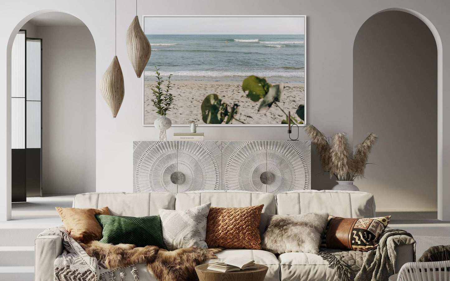 Fine Art Print - Neutral coastal ocean waves wall art, sandy shoreline with soft bokeh leaves, serene beach for minimalist calm decor, Surf