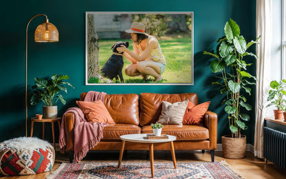 Fine Art Print - Woman and Puppy dog Wall Art, Pet lovers print, cozy lifestyle home decor, decor for puppy lovers, black dog, gift