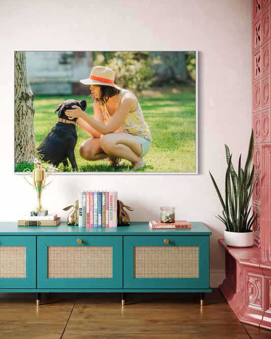 Fine Art Print - Woman and Puppy dog Wall Art, Pet lovers print, cozy lifestyle home decor, decor for puppy lovers, black dog, gift