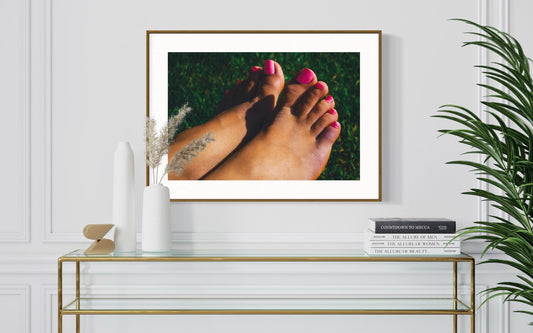 Fine Art Print - Lifestyle Summer Wall Art - Close-Up of Feet with Pink Nail Polish on Grass - Outdoor Decor for Home Decor, Poster, Gift