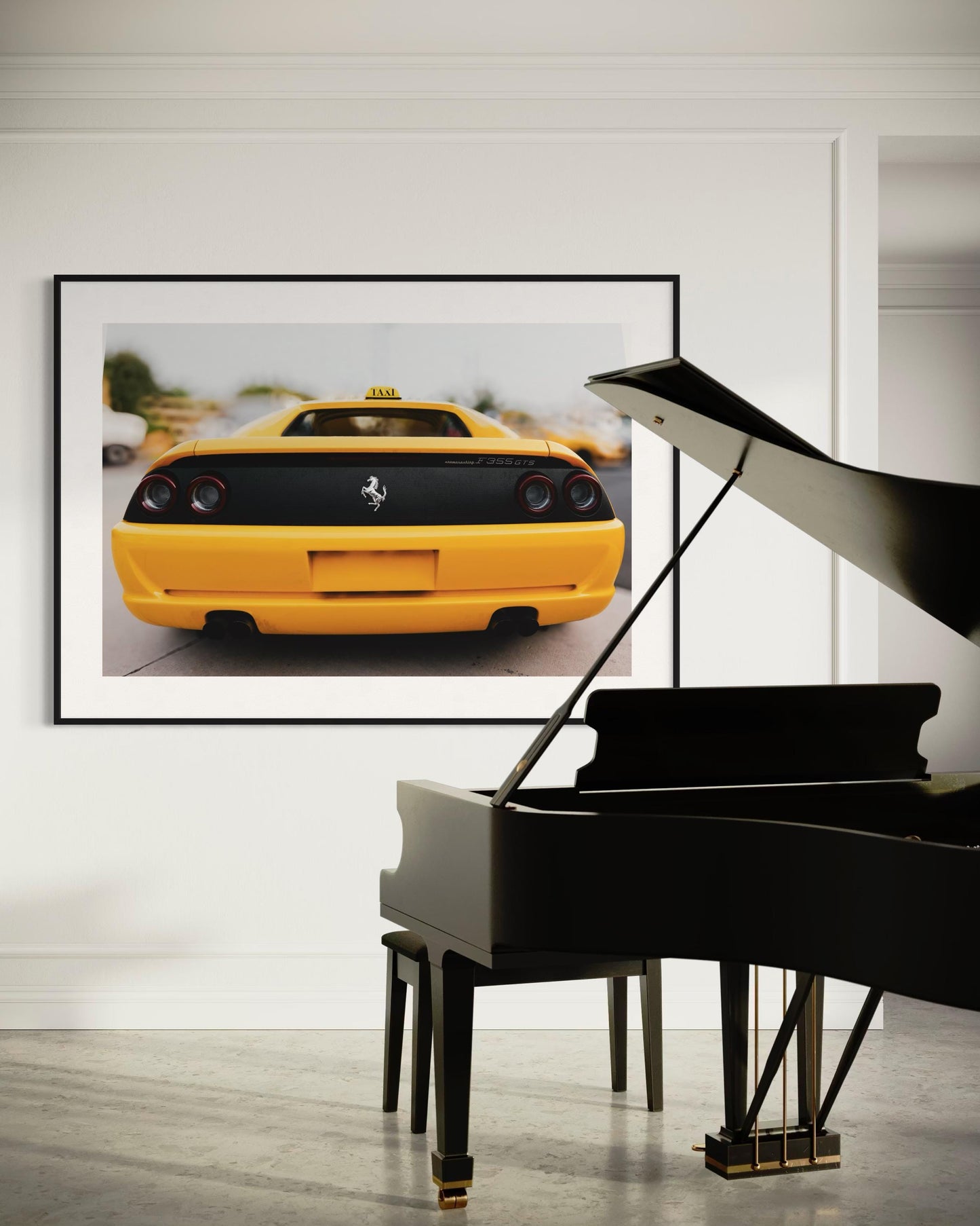 Fine Art Print - Yellow Ferrari F355 wall art, Yellow Taxi sign, luxury supercar decor for garage or office, modern automotive Poster, Gift