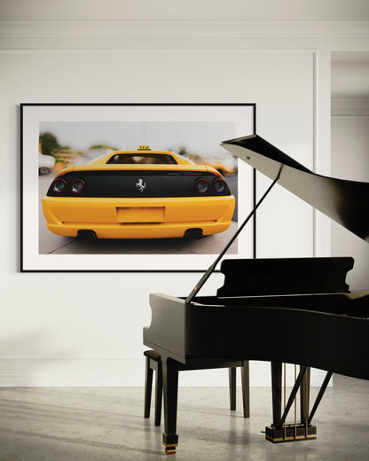 Fine Art Print - Yellow Ferrari F355 wall art, Yellow Taxi sign, luxury supercar decor for garage or office, modern automotive Poster, Gift