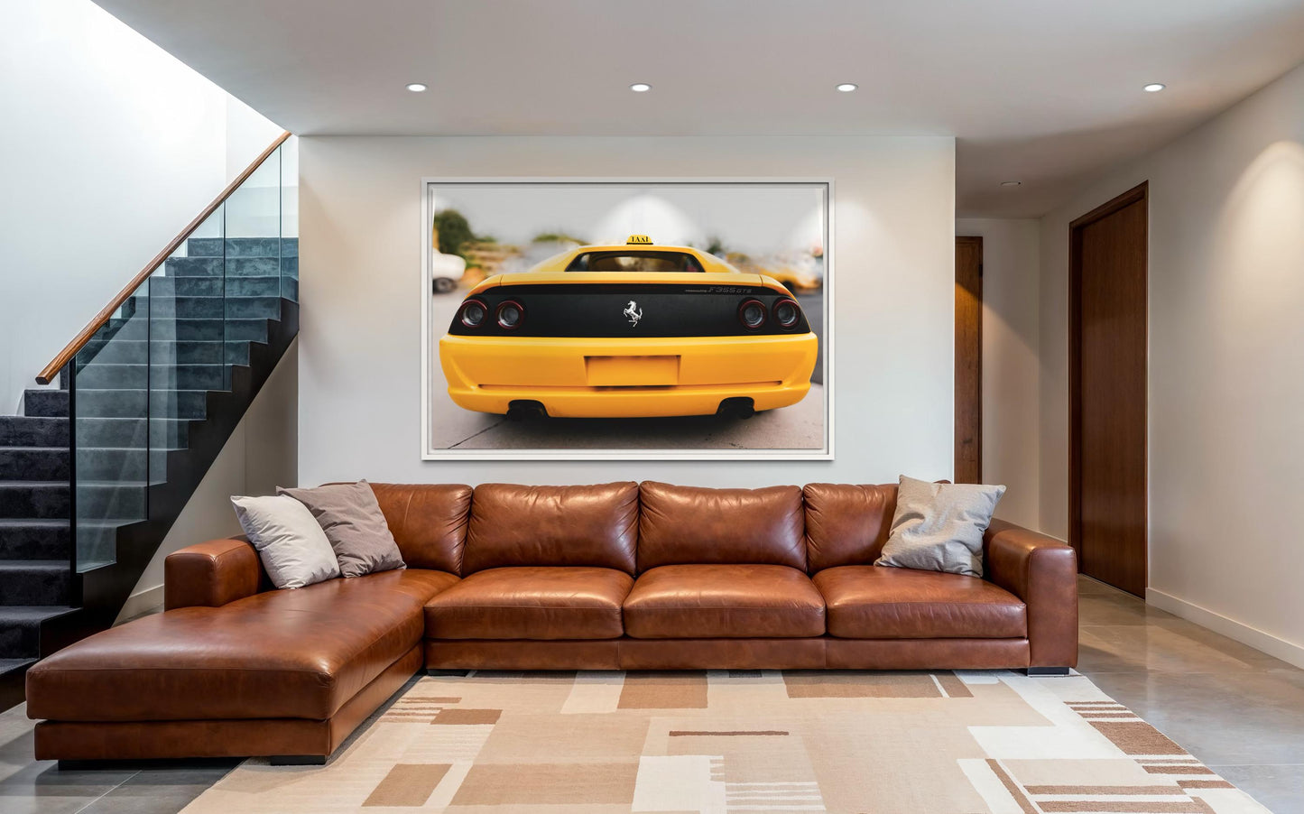 Fine Art Print - Yellow Ferrari F355 wall art, Yellow Taxi sign, luxury supercar decor for garage or office, modern automotive Poster, Gift