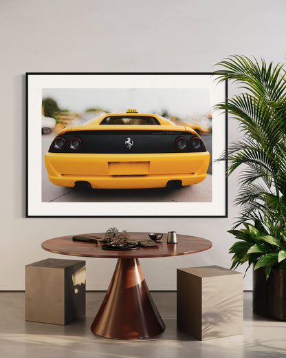 Fine Art Print - Yellow Ferrari F355 wall art, Yellow Taxi sign, luxury supercar decor for garage or office, modern automotive Poster, Gift
