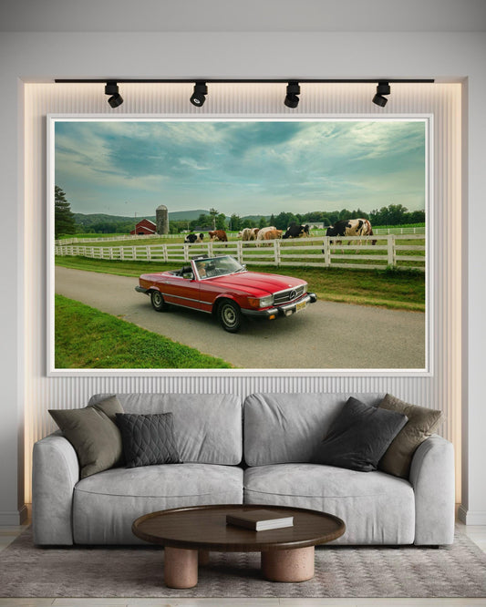 Fine Art Print - Classic Red Mercedes in the countryside by Cows and Farm Road wall art, 380Sl, 450SL, 560SL, 107SL, Vintage, barn decor