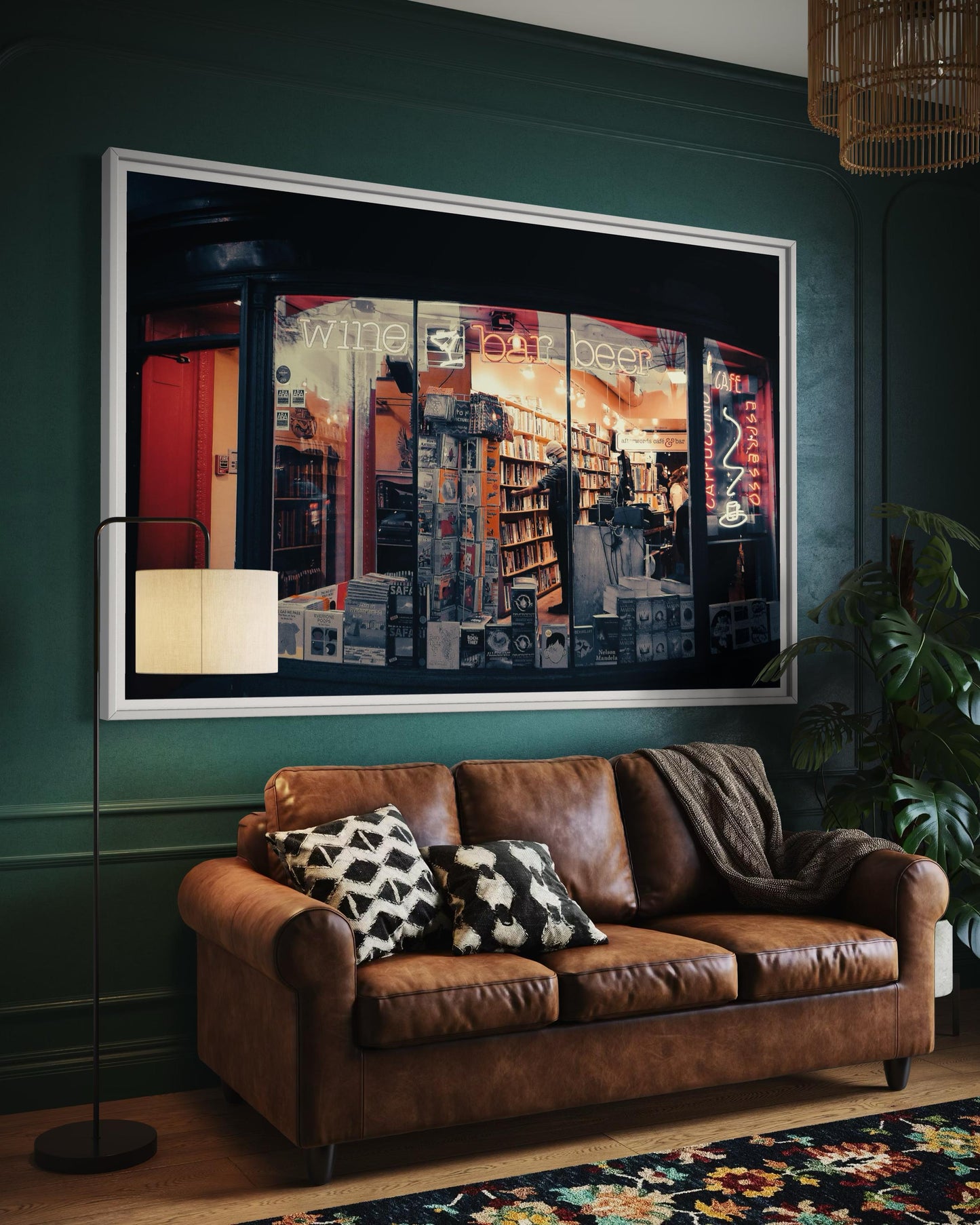 Fine Art Print - Cozy neon bookstore cafe Wall Art, wine bar beer, Espresso window city, for modern home decor style, Library Decor, Coffee