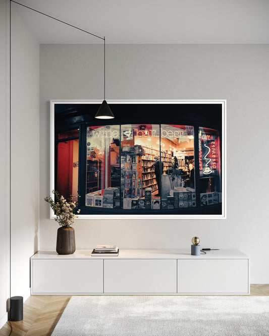 Fine Art Print - Cozy neon bookstore cafe Wall Art, wine bar beer, Espresso window city, for modern home decor style, Library Decor, Coffee