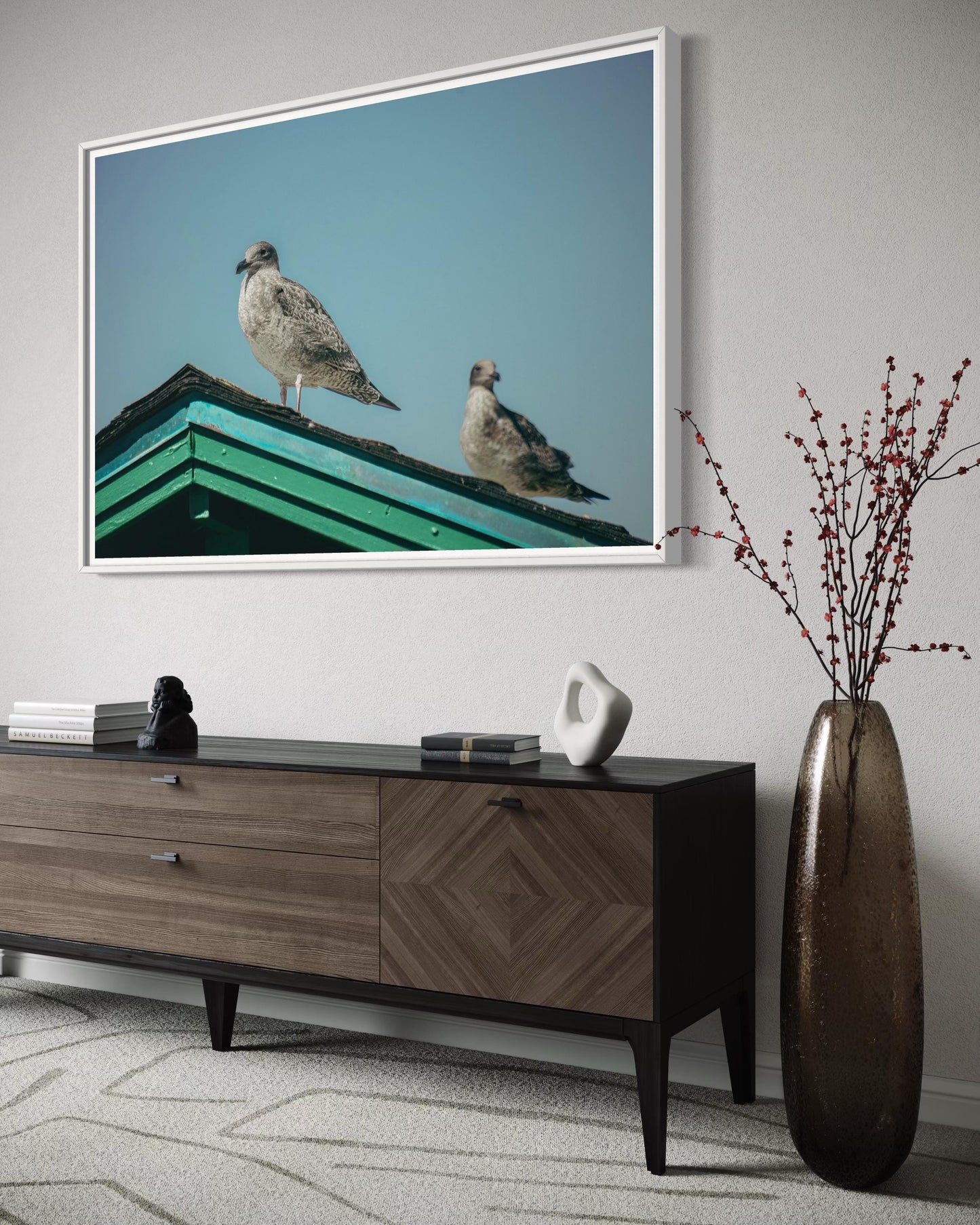 Fine Art Print - Seagulls on teal roof coastal wall art, beach house decor in soft pastel sky, serene ocean minimalism fine art for home