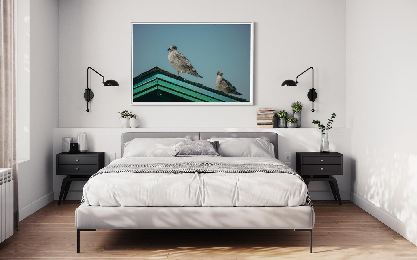 Fine Art Print - Seagulls on teal roof coastal wall art, beach house decor in soft pastel sky, serene ocean minimalism fine art for home