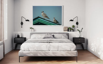 Fine Art Print - Seagulls on teal roof coastal wall art, beach house decor in soft pastel sky, serene ocean minimalism fine art for home