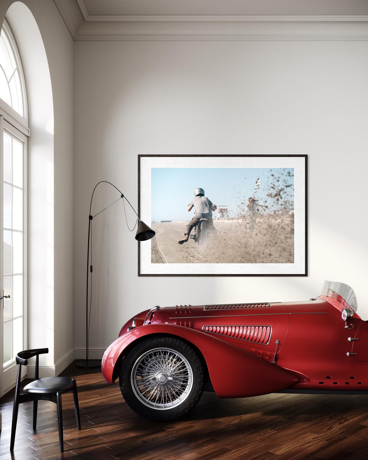 Fine Art Print - Motorcycle Racing at start line with Flag Girl + Beach Sand Splash, Coastal Decor, TROG, Office Garage Biker Wall Art, Gift