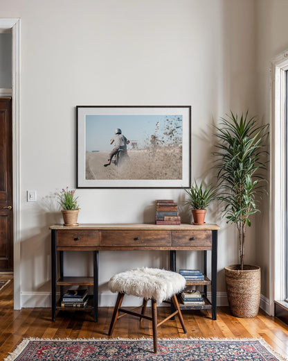 Fine Art Print - Motorcycle Racing at start line with Flag Girl + Beach Sand Splash, Coastal Decor, TROG, Office Garage Biker Wall Art, Gift