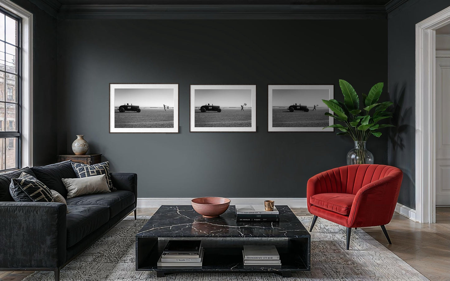 Fine Art Print - Hot Rod Beach Race Start x Flag Girl, 44,  TROG, Black and White Wall Art, Racing Decor for Man Cave, Triptych 1 of 3