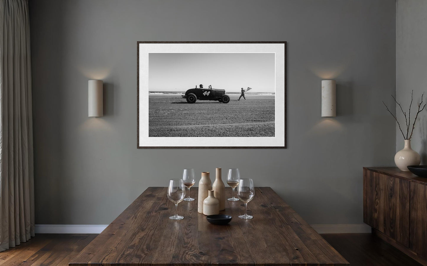 Fine Art Print - Hot Rod Beach Race Start x Flag Girl, 44,  TROG, Black and White Wall Art, Racing Decor for Man Cave, Triptych 1 of 3
