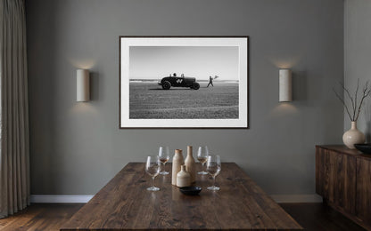 Fine Art Print - Hot Rod Beach Race Start x Flag Girl, 44,  TROG, Black and White Wall Art, Racing Decor for Man Cave, Triptych 1 of 3