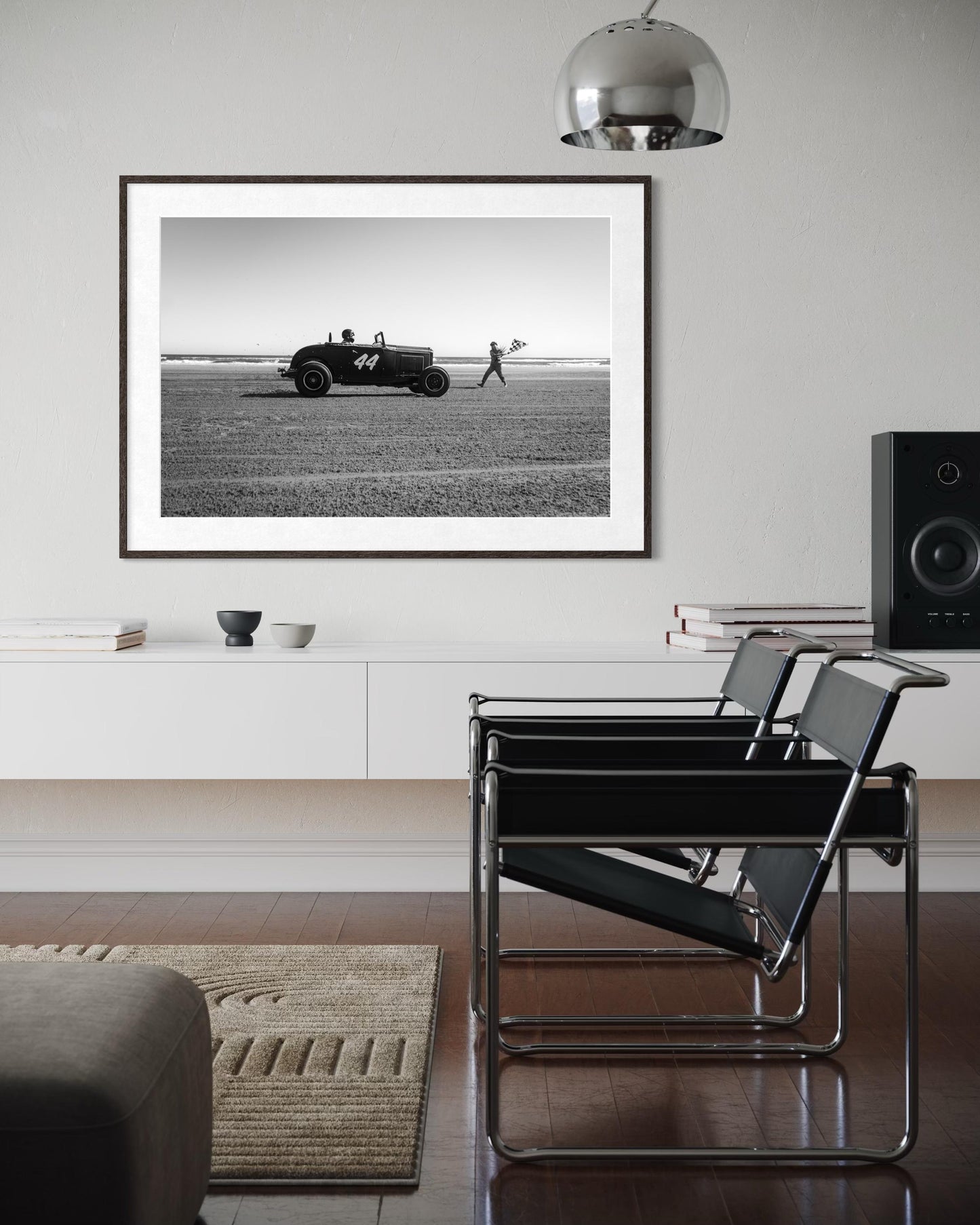 Fine Art Print - Hot Rod Beach Race Start x Flag Girl, 44,  TROG, Black and White Wall Art, Racing Decor for Man Cave, Triptych 1 of 3
