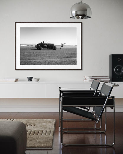 Fine Art Print - Hot Rod Beach Race Start x Flag Girl, 44,  TROG, Black and White Wall Art, Racing Decor for Man Cave, Triptych 1 of 3