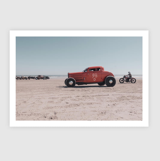 Fine Art Print -  Rolling Bones 98 Coupe Hot Rod & Motorcycle, TROG Vintage Beach Race Wall Art, Americana Decor, Man Cave, Office