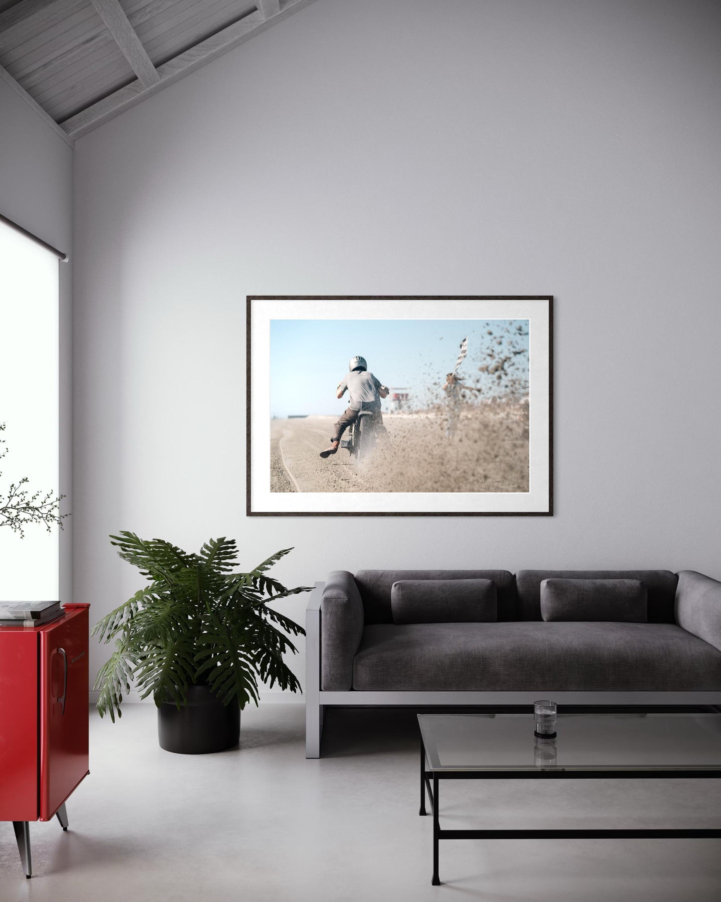 Fine Art Print - Motorcycle Racing at start line with Flag Girl + Beach Sand Splash, Coastal Decor, TROG, Office Garage Biker Wall Art, Gift