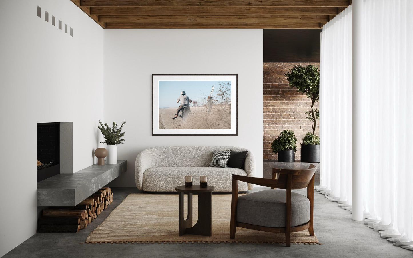 Fine Art Print - Motorcycle Racing at start line with Flag Girl + Beach Sand Splash, Coastal Decor, TROG, Office Garage Biker Wall Art, Gift