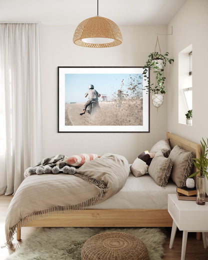 Fine Art Print - Motorcycle Racing at start line with Flag Girl + Beach Sand Splash, Coastal Decor, TROG, Office Garage Biker Wall Art, Gift